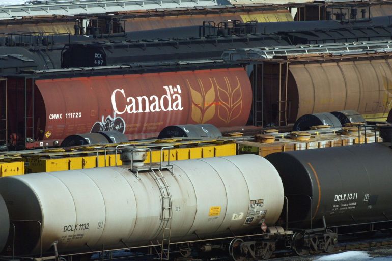 A wheat railcar sits at a Canadian National Railway (CN) yard in Hamilton, Ontario, Canada