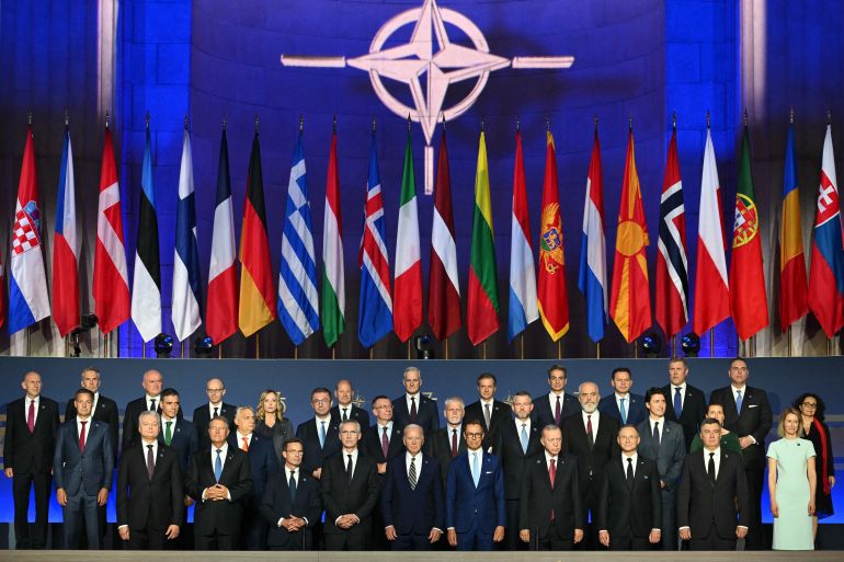 NATO leaders pose for a family photo during the NATO 75th anniversary celebration at the Mellon Auditorium in Washington, DC