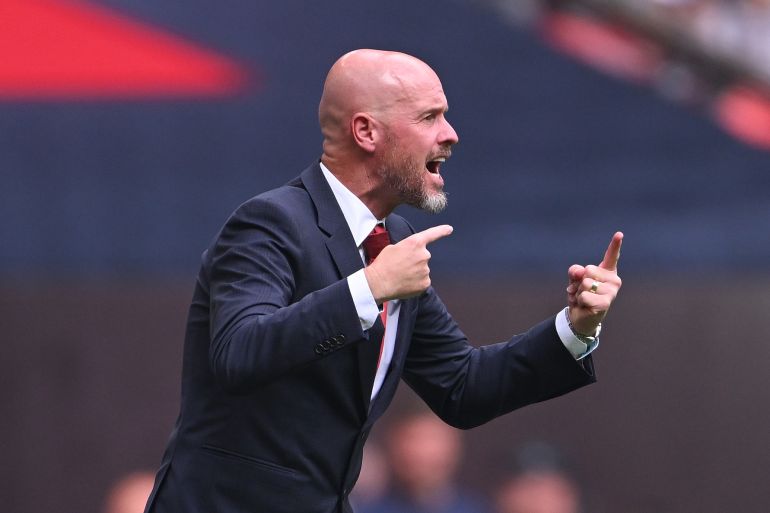 LONDON, ENGLAND - AUGUST 10: Erik ten Hag Head Coach of Manchester United gestures during the 2024 FA Community Shield match between Manchester United and Manchester City at Wembley Stadium on August 10, 2024 in London, England. (Photo by Stu Forster/Getty Images)