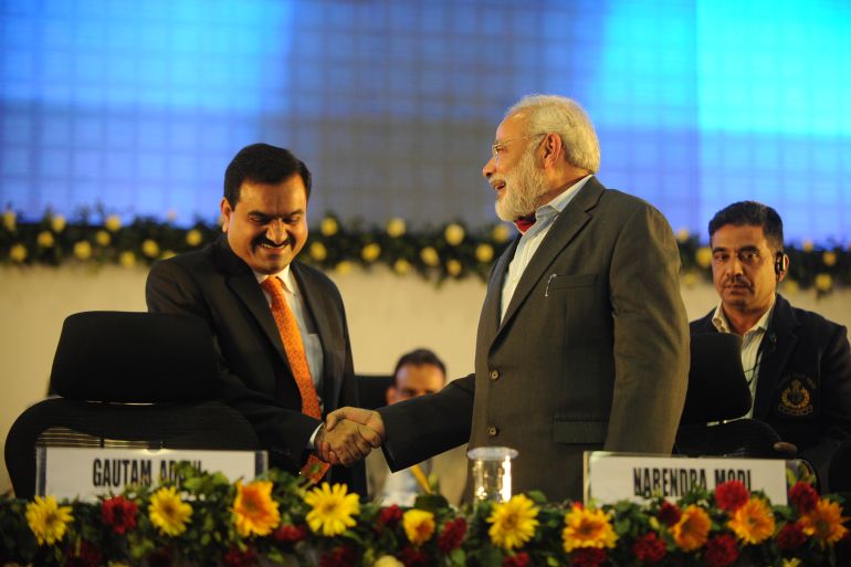 Gujarat Chief Minister Narendra Modi and Chairman Of Adani Group Gautam Adani at 5th Vibrant Gujarat Global Summit on January 13, 2011 in Gandhinagar, India.