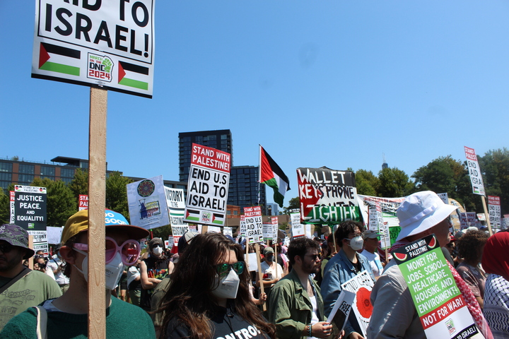 Protesters gather in Chicago's Union Park with signs that read "End US aid to Israel" and "Stand with Palestine"