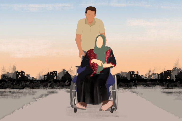 Illustration of an elderly woman in a wheelchair pushed by a man amid rubble of destroyed buildings